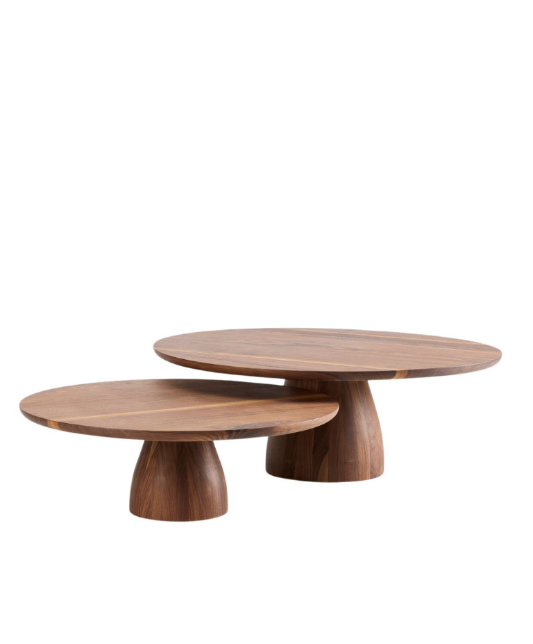 Pair of Nova coffee tables by Collett & Victor, in solid walnut with smooth round tops and sculpted conical pedestal bases, shown in two different heights for nesting.
