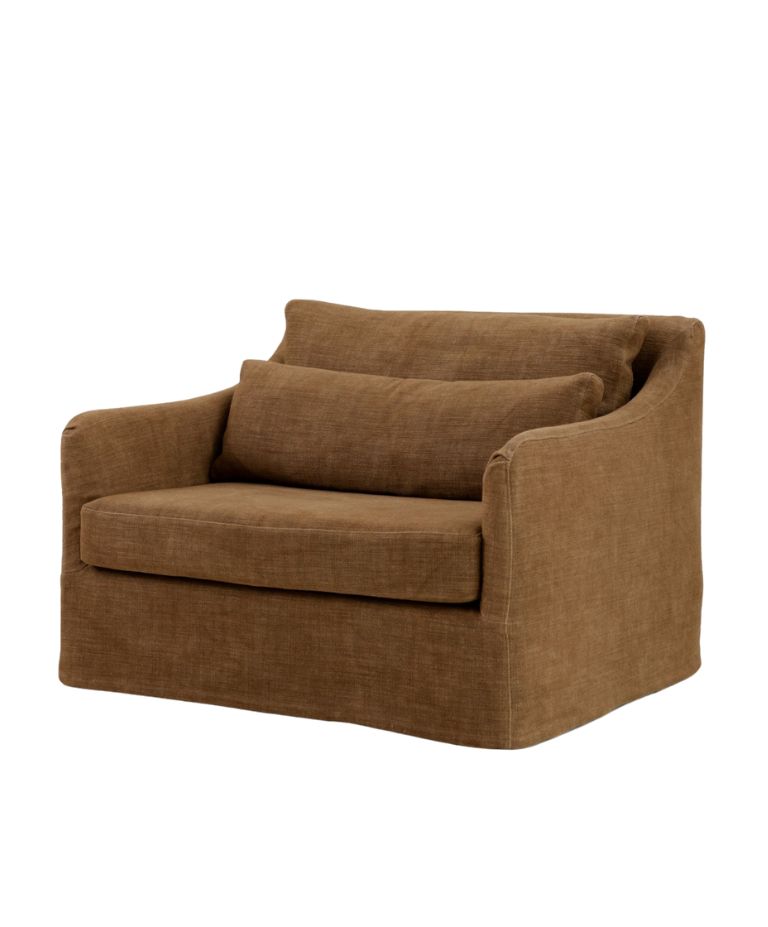 A single armchair with a soft, rounded back and arms, upholstered in a rich brown linen fabric. It features a spacious seat and a comfortable, simple design with two pillows for added comfort.