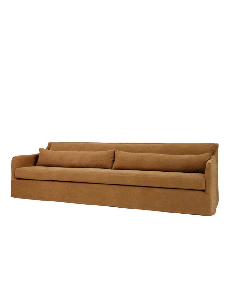 Front-facing view of the Jane sofa, a minimalist three-seater in a warm brown fabric. It features a low-profile design with clean lines, slim armrests, and two long cylindrical back cushions.