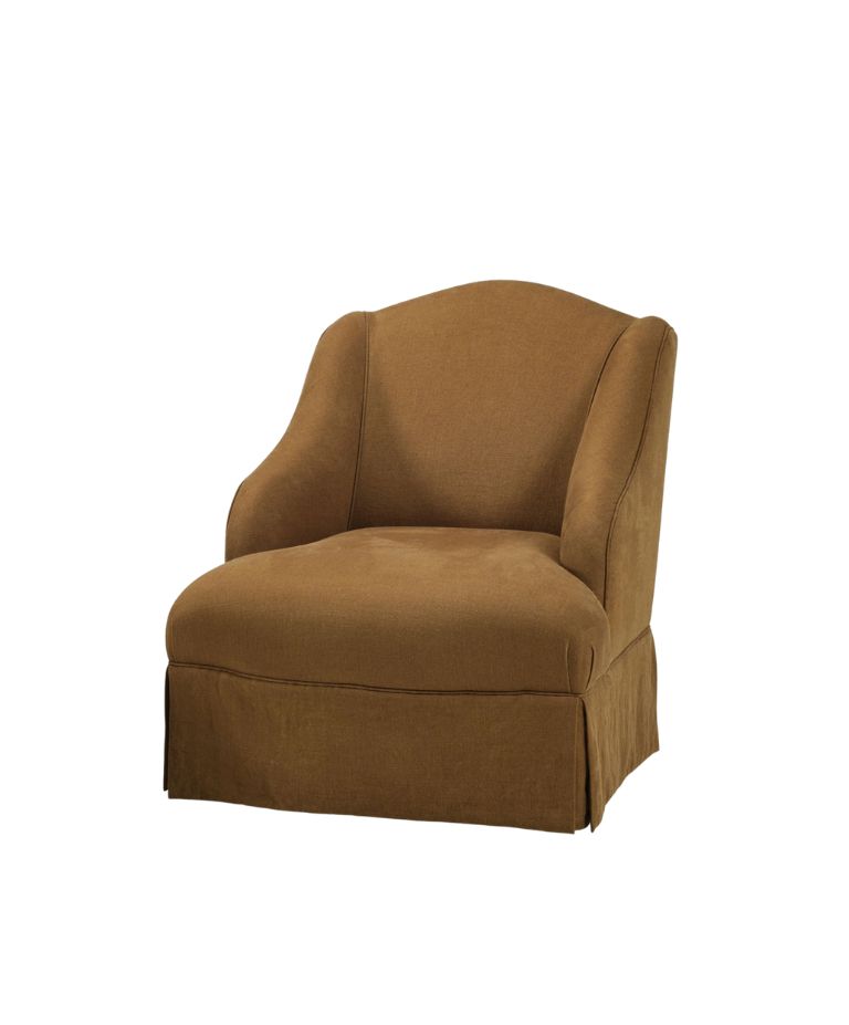 Brown linen Kitros One Seater armchair with soft curves and tailored skirt.