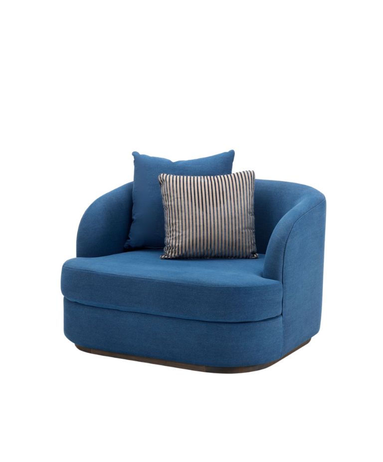 Elly one-seater armchair in deep blue fabric with striped cushion – modern and stylish accent chair.