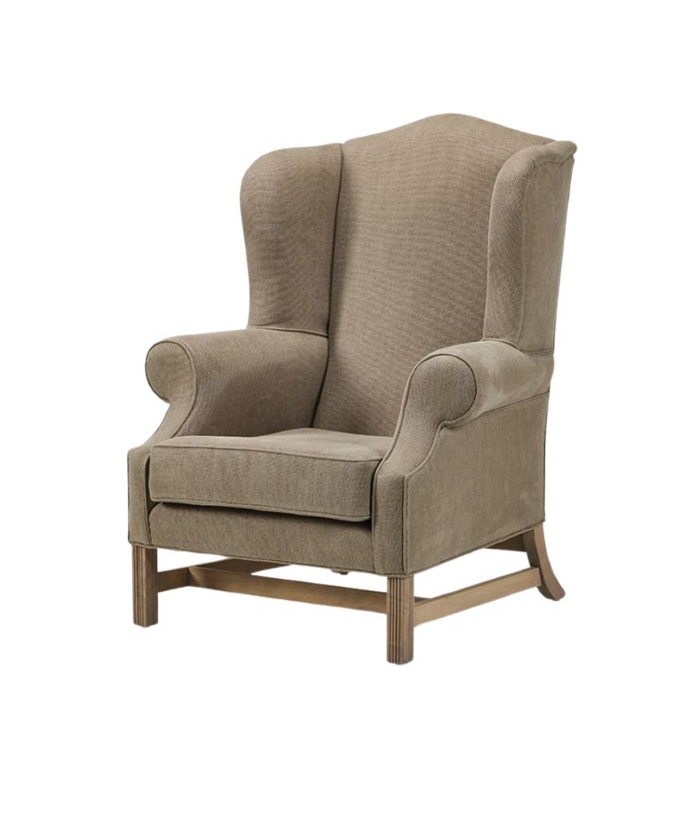 Pichelot one-seater wingback armchair in taupe fabric with wooden legs.