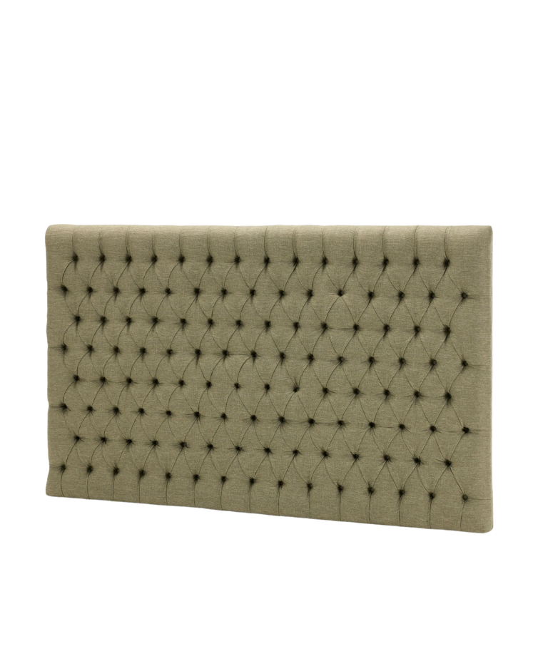 Collett & Victor Aurora headboard with deep button-tufted upholstery in classic diamond pattern, elegant and timeless bedroom design accent.