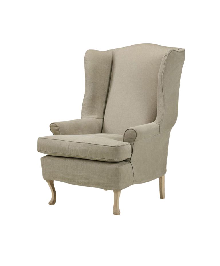Christopher one-seater armchair in light beige upholstery. Features a high wingback design, rolled arms, loose seat cushion, and elegant cabriole wooden legs in a natural finish.
