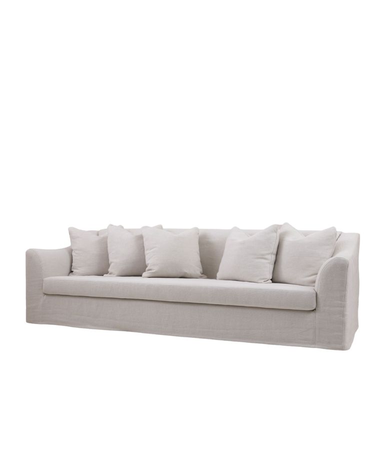 Toscana loose seat sofa with a soft linen fabric, featuring a clean, modern design and five plush cushions.