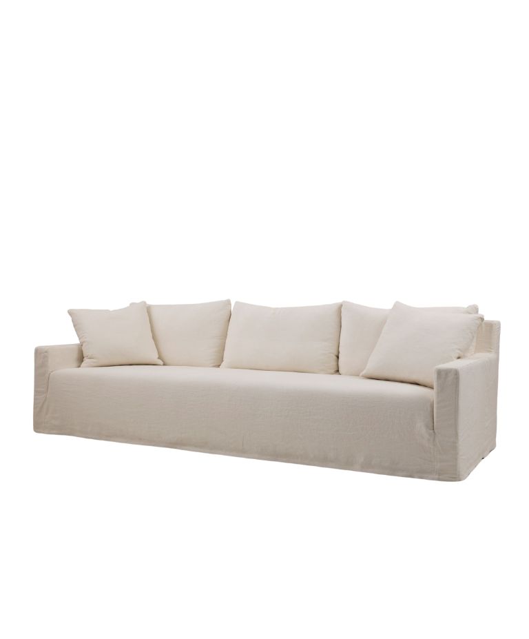 Charlie sofa in off-white fabric with a minimalist boxy silhouette, low arms, and five matching back cushions for a clean and contemporary look.