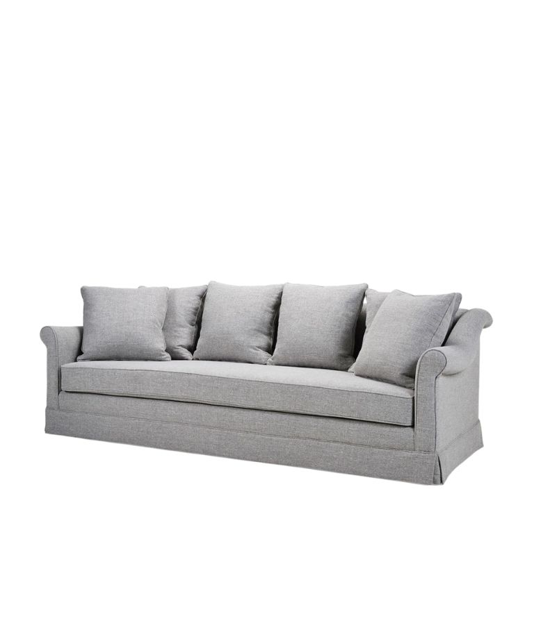 Borbado sofa in light grey fabric with classic scroll arms, tailored skirt, and five matching back cushions, offering a refined and timeless silhouette.