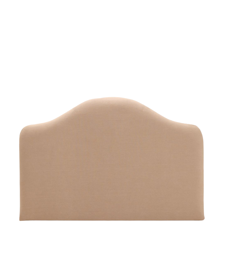 Collett & Victor Pippa headboard in neutral beige fabric, featuring a soft arched top with rounded corners, shown on a white background.