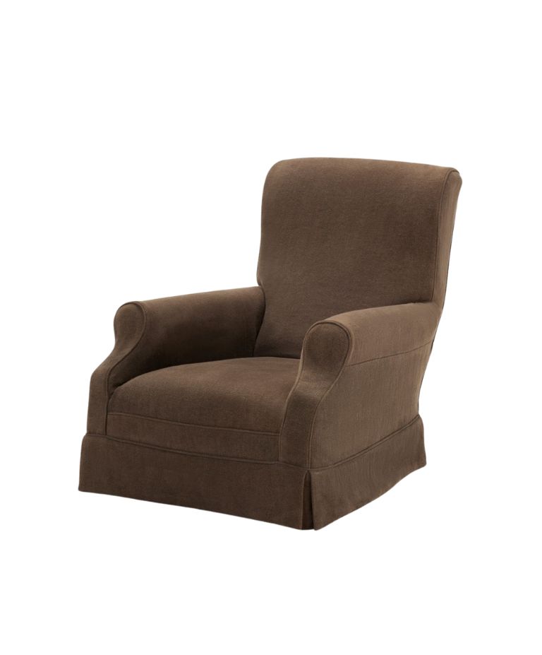 A classic, brown upholstered armchair with soft, curved arms and a skirted base, offering a comfortable and elegant design.