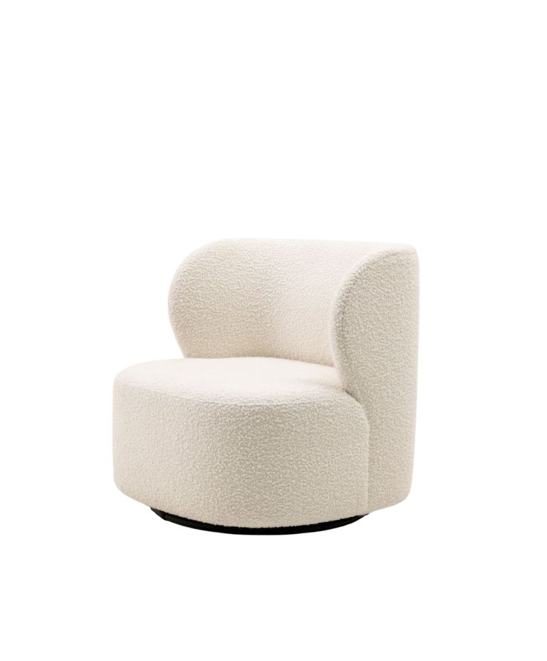 Fritz one-seater armchair in white boucle upholstery with rounded backrest – modern designer lounge chair.