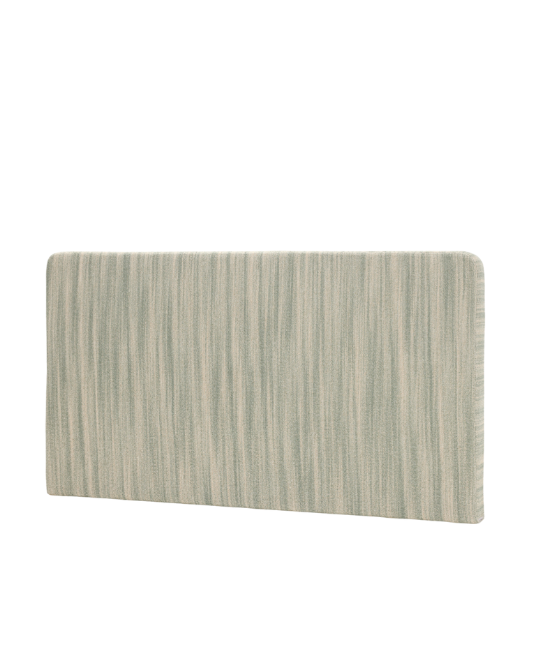 Claire headboard by Collett & Victor in soft green striped upholstery, contemporary design with rounded edges, shown on white background.
