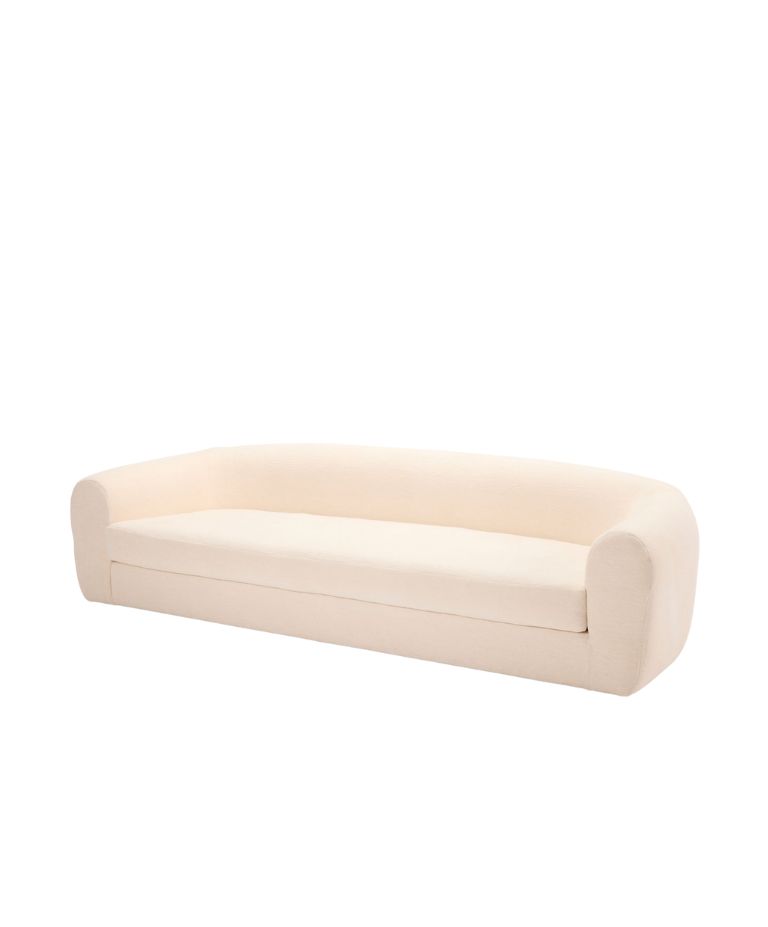 Sophia sofa with soft, rounded armrests and a minimalist design, featuring a light beige upholstery.