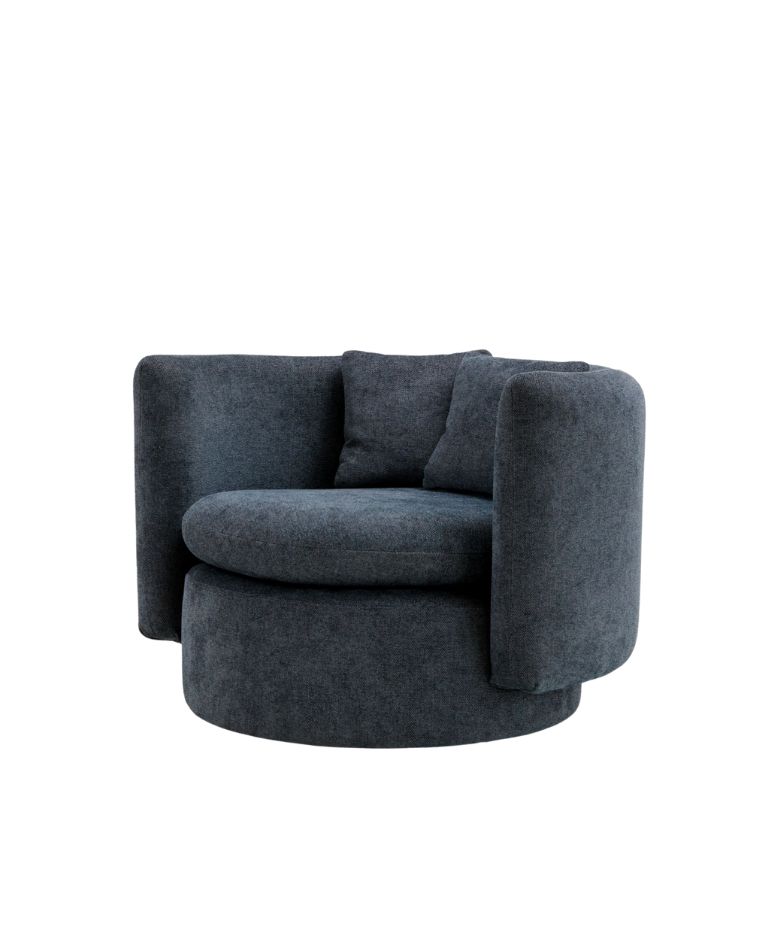 A plush, round one-seater chair with curved arms, upholstered in dark grey fabric. The chair has a modern, cozy design, featuring a circular seat and soft backrest cushions, providing a relaxed and inviting seating option.