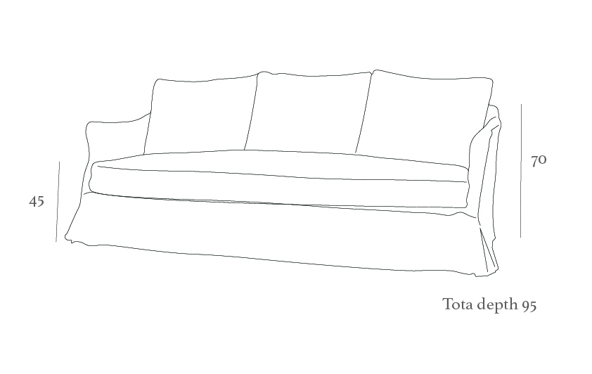 Line drawing of a three-cushion sofa with dimensions: height 70 cm, arm height 45 cm, and total depth 95 cm.