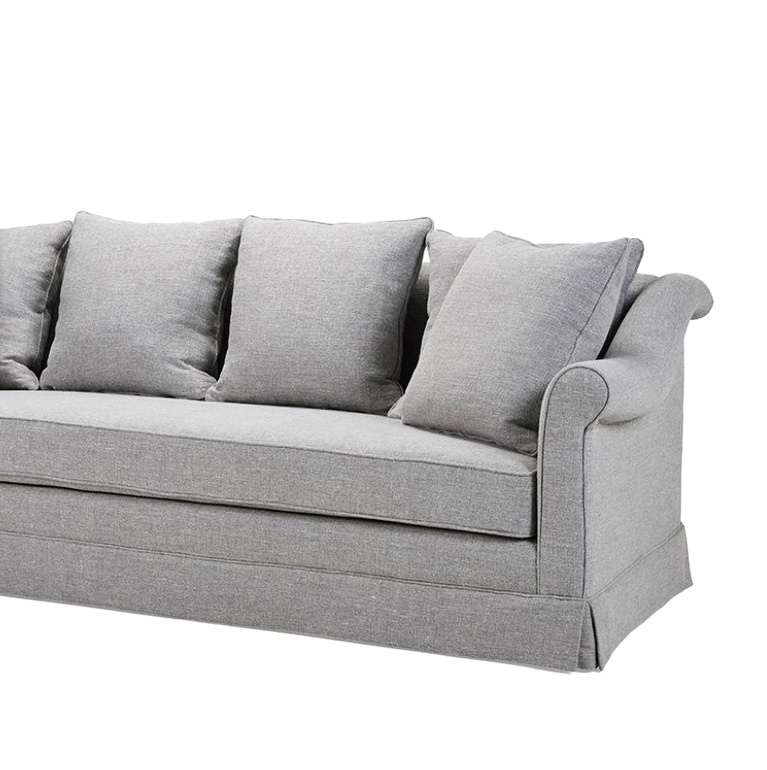 Borbado sofa in light grey fabric with classic scroll arms, tailored skirt, and five matching back cushions, offering a refined and timeless silhouette.
