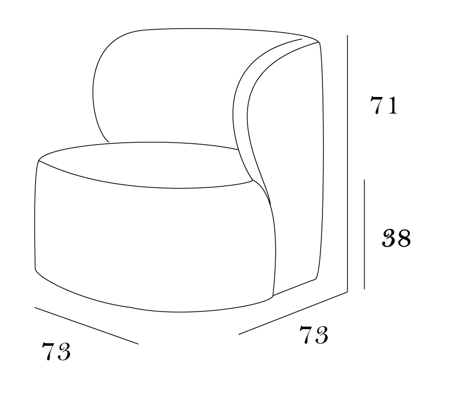 Technical line drawing of Fritz one-seater armchair with dimensions – width 73 cm, height 71 cm, depth 73 cm.