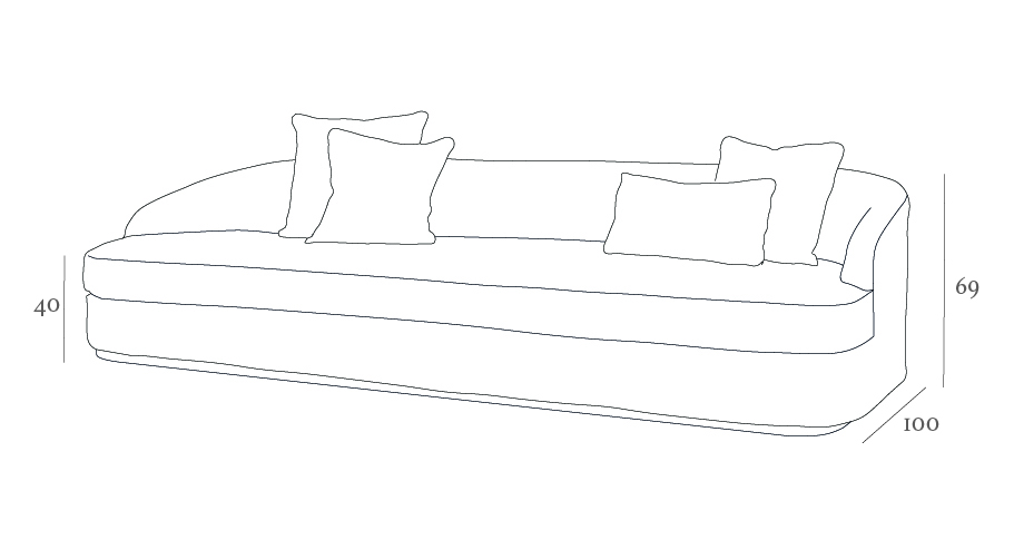 Line drawing of a modern sofa with three cushions. Dimensions are 40 cm tall, 69 cm high, and 100 cm deep.