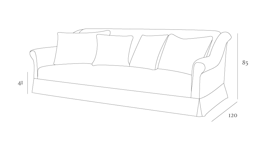 Line drawing of a sofa with four cushions, featuring dimensions: height 85, depth 120, and seat height 41.