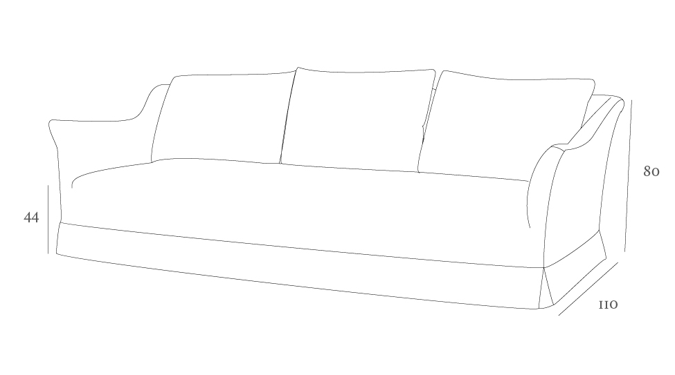 Line drawing of a three-cushion sofa with curved arms and backrest. Dimensions: height 80 cm, seat height 44 cm, depth 110 cm.