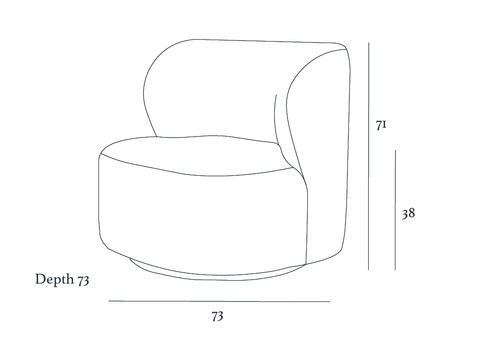 Line drawing of a modern, rounded chair with dimensions: height 71 cm, seat height 38 cm, and depth 73 cm.
