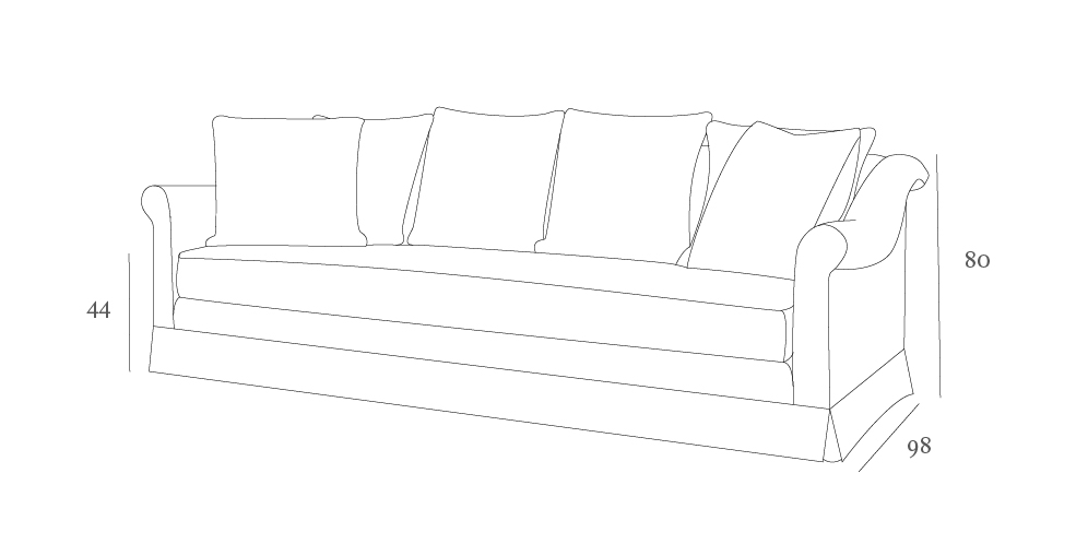 Line drawing of a sofa with four cushions and rolled arms. Dimensions: 80 cm high, 98 cm deep, and 44 cm seat height.