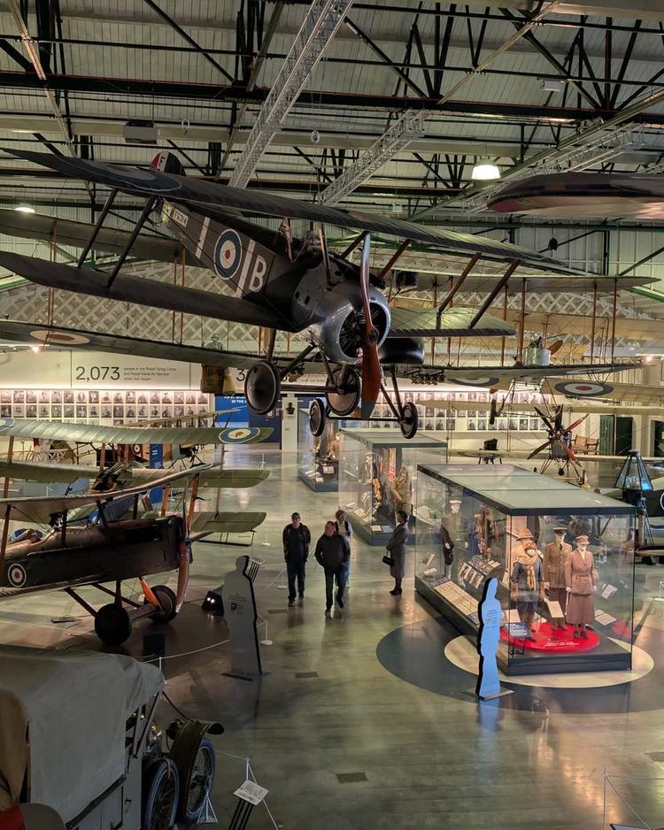 Interior view of the RAF Museum - showing a fantastic array of planes hanging from the ceiling