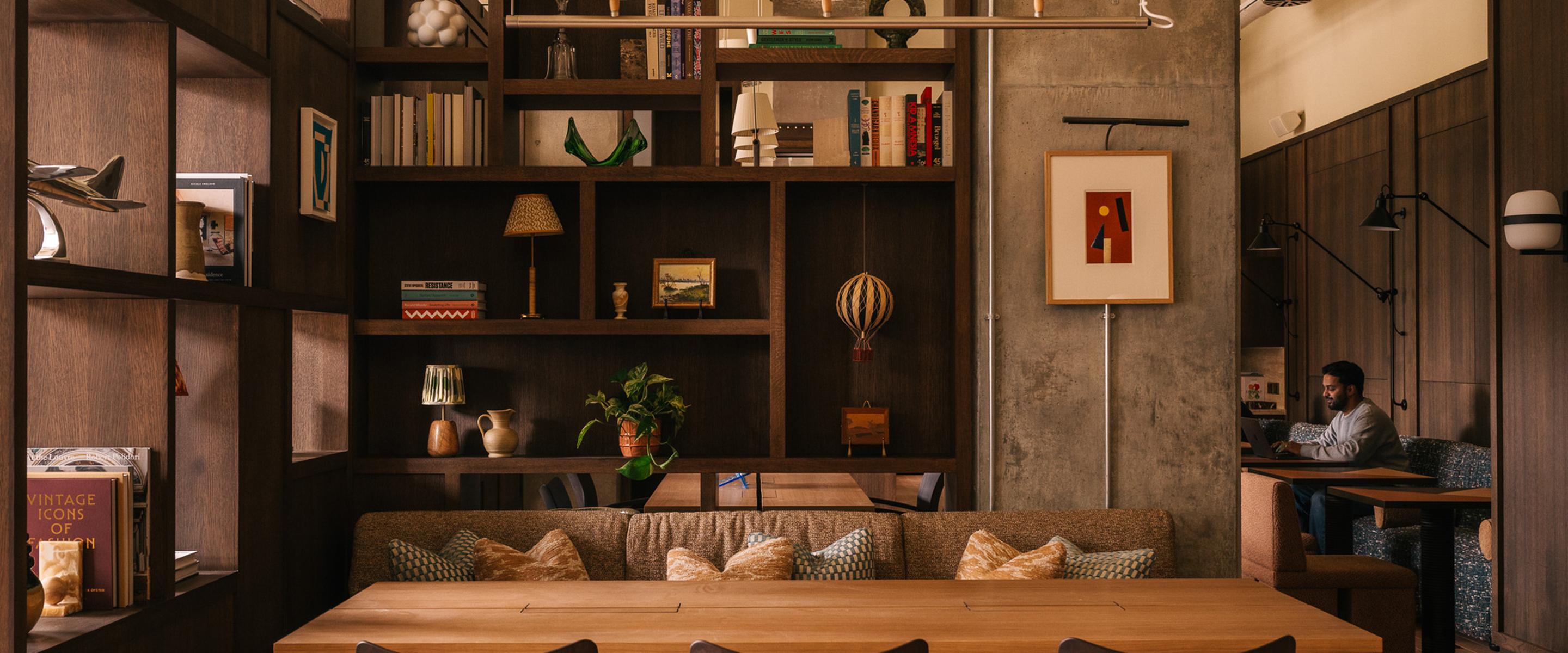 Image of stylish co-working lounge with shared workspace, The Draper luxury flats to rent. [G]