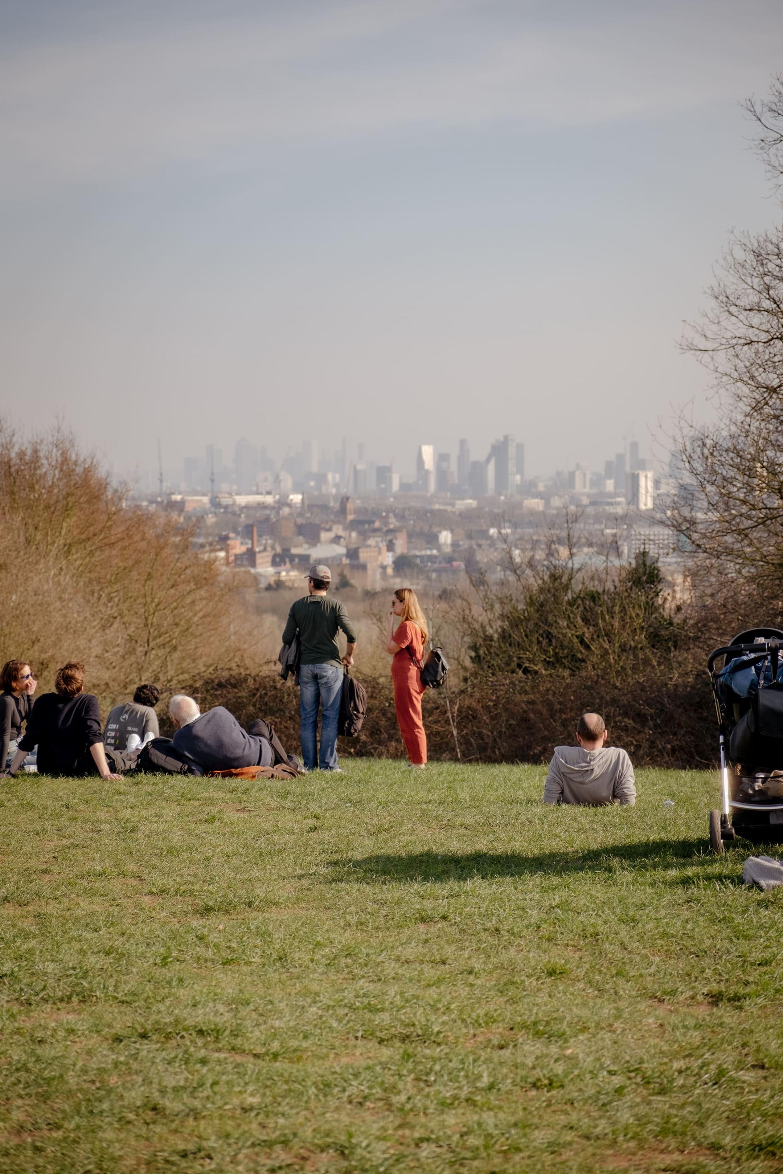 People relaxing on a grassy hill overlooking a city skyline in the distance, with trees and a stroller nearby.