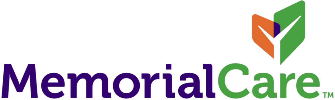 Logo of MemorialCare featuring the name in purple and green text, with an abstract leaf design in orange and green on the right.