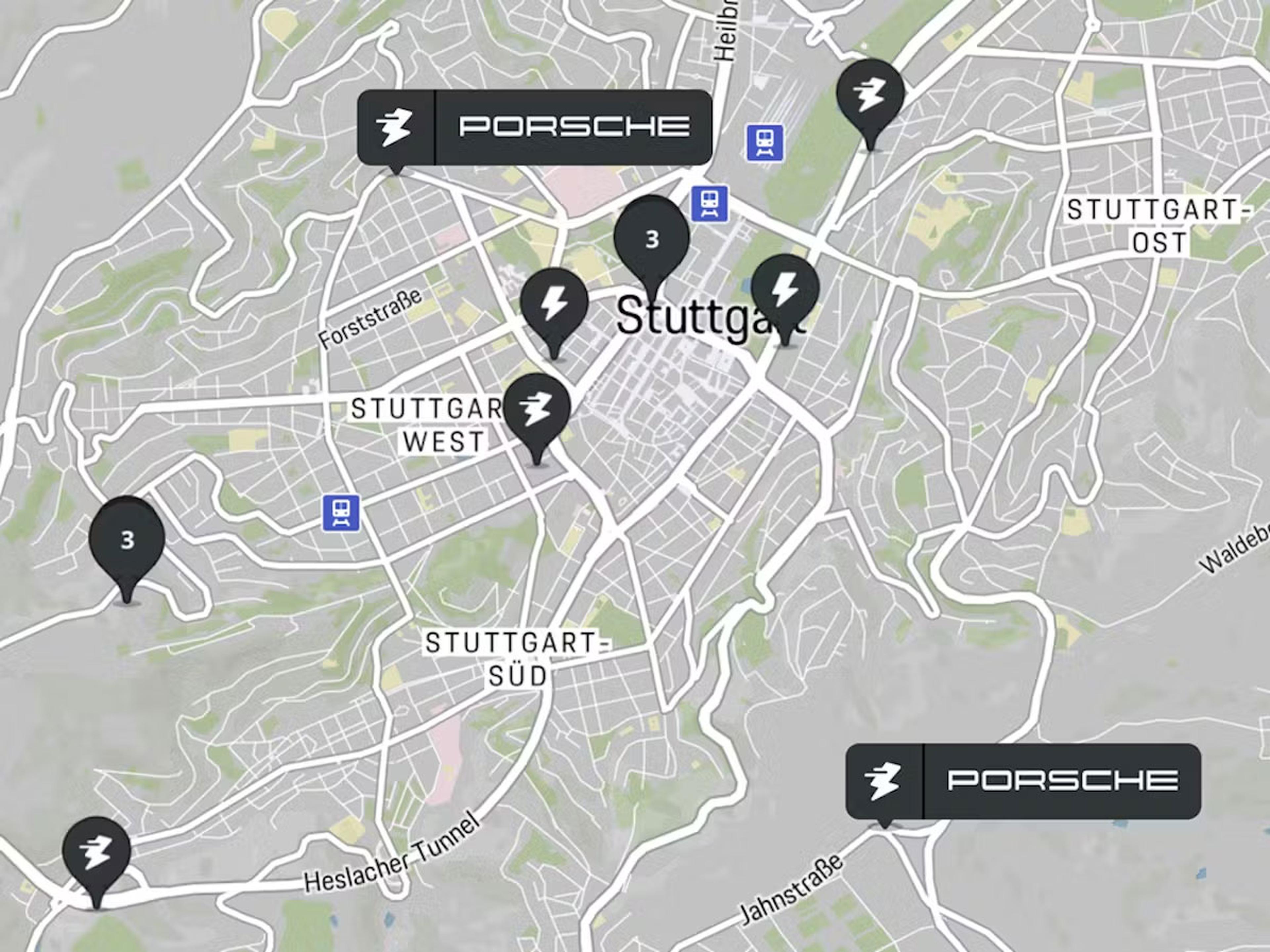 Map von Stuttgart mit Markierungen von Lademöglichkeiten