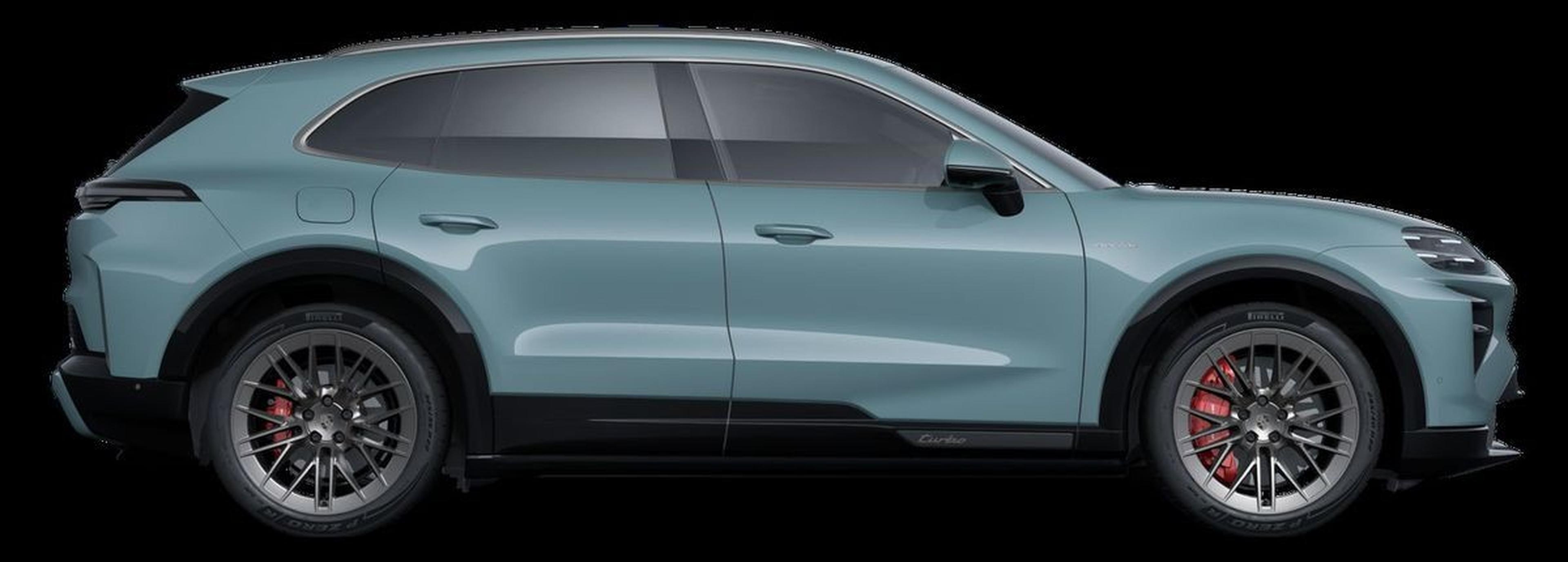 2026 Porsche Cayenne Turbo Electric side profile in a light green finish with red brake calipers