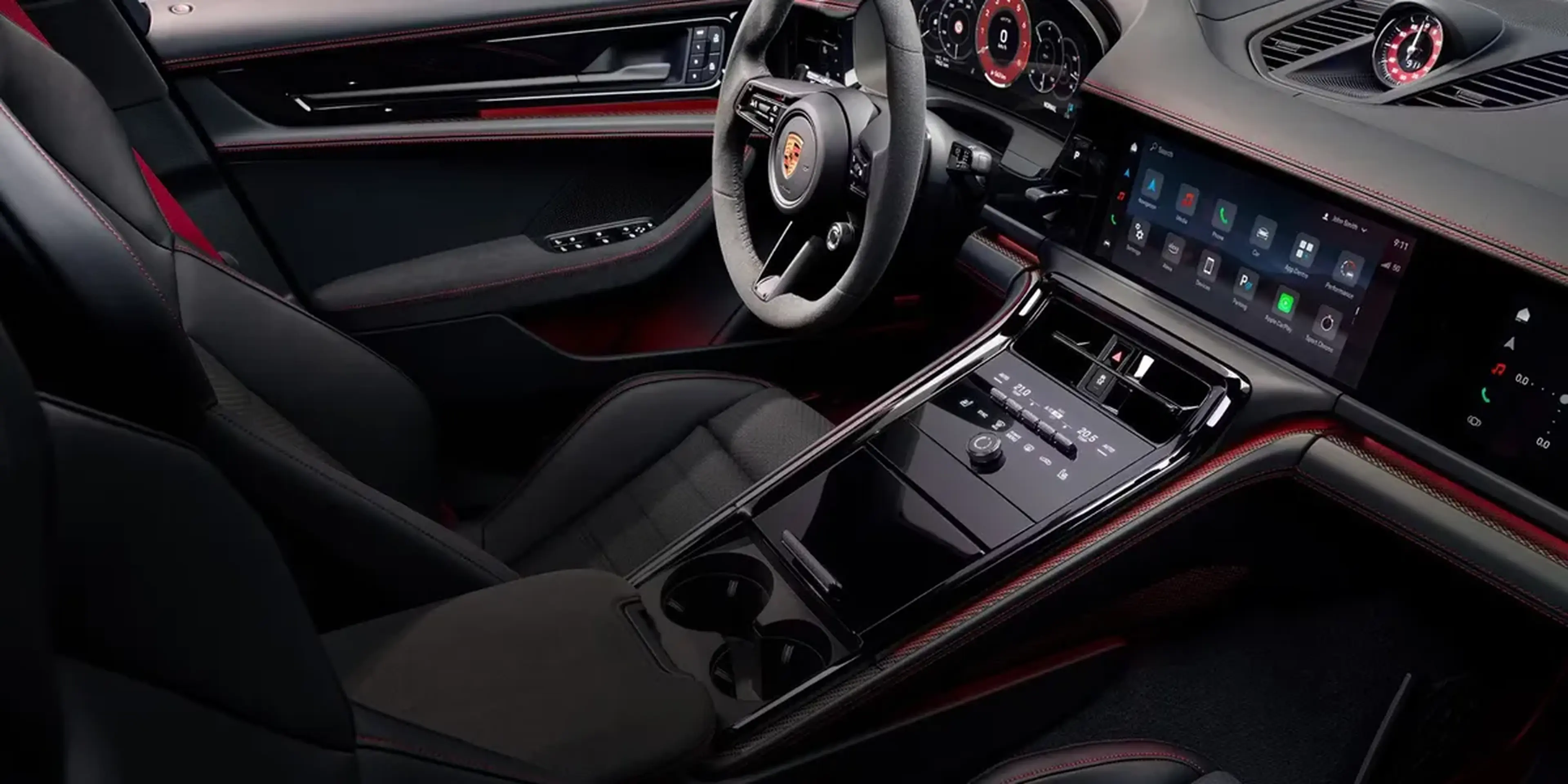 Race-Tex interior and black accents of the 2026 Porsche Panamera GTS cabin