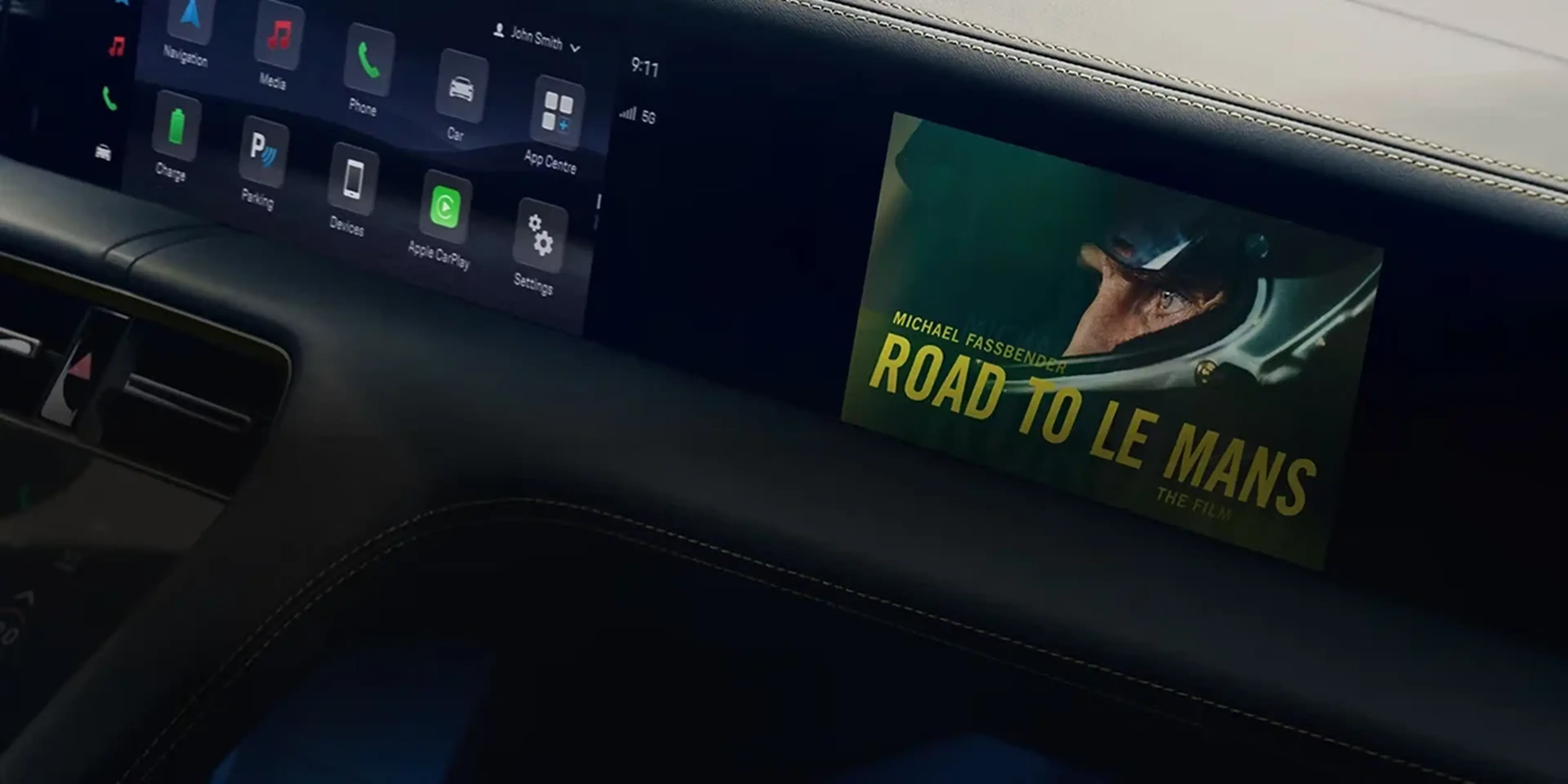 Porsche Taycan interior showcasing digital displays, multifunction steering wheel, and advanced infotainment system.