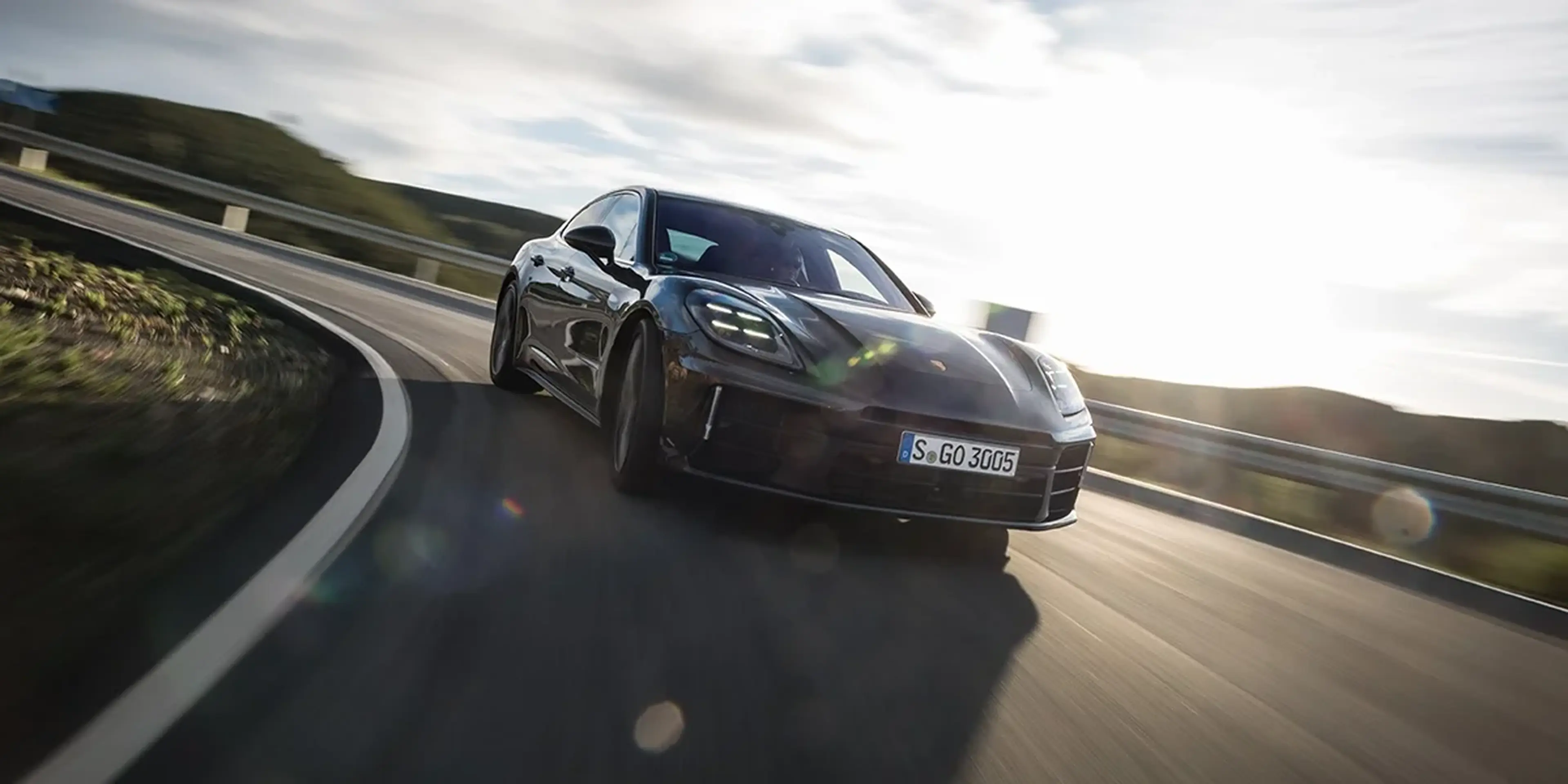 Black 2025 Porsche Panamera front three-quarter view