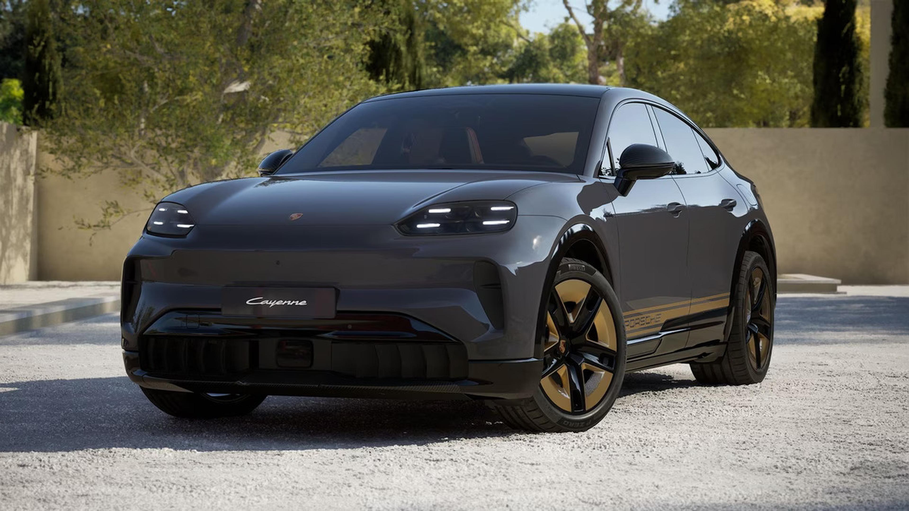 The 2027 Porsche Cayenne Coupe Electric  parked outside on a gravel path with a wall and trees in the background