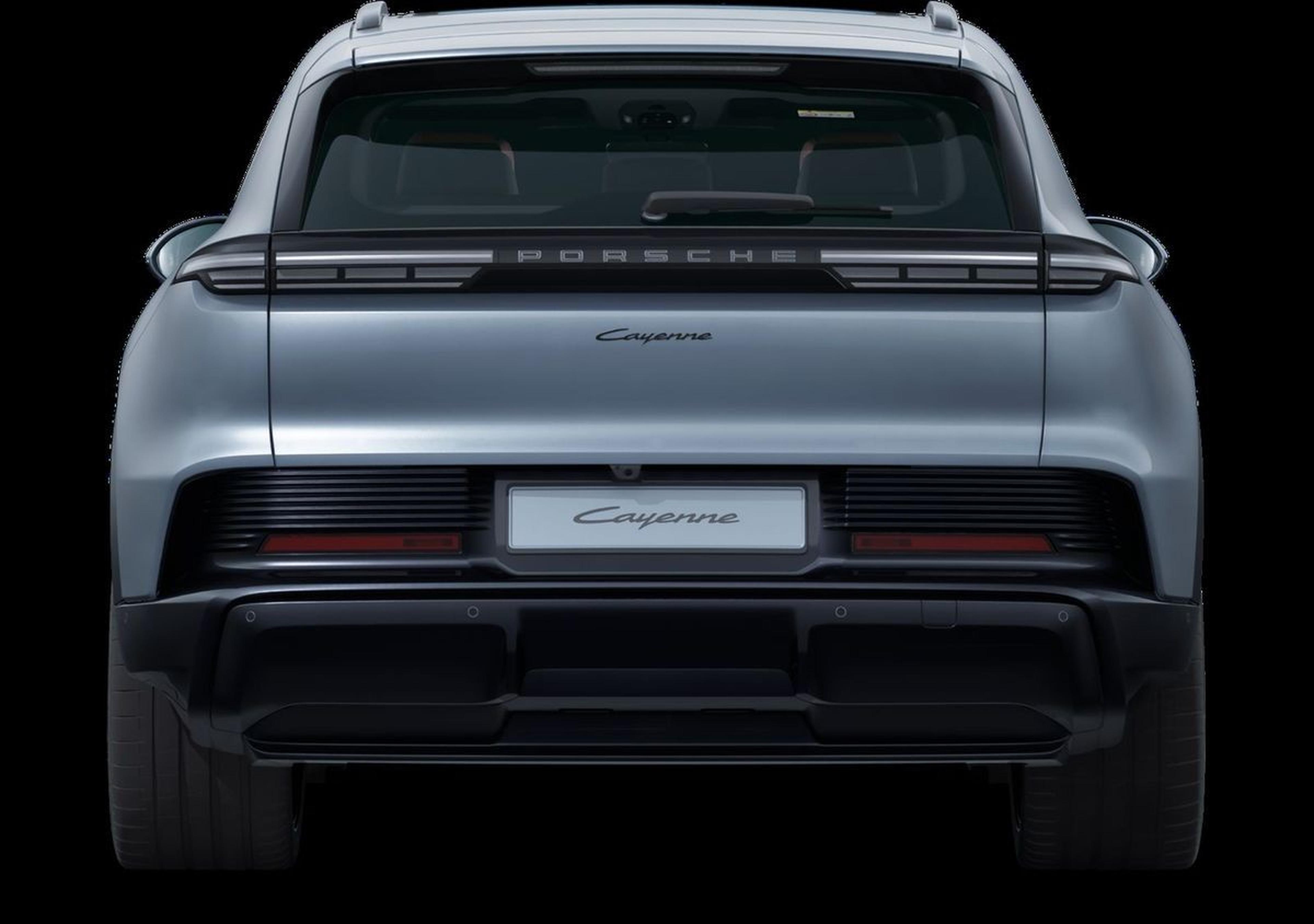 2026 Porsche Cayenne Electric rear view showing the full-width LED light bar and Cayenne script badge