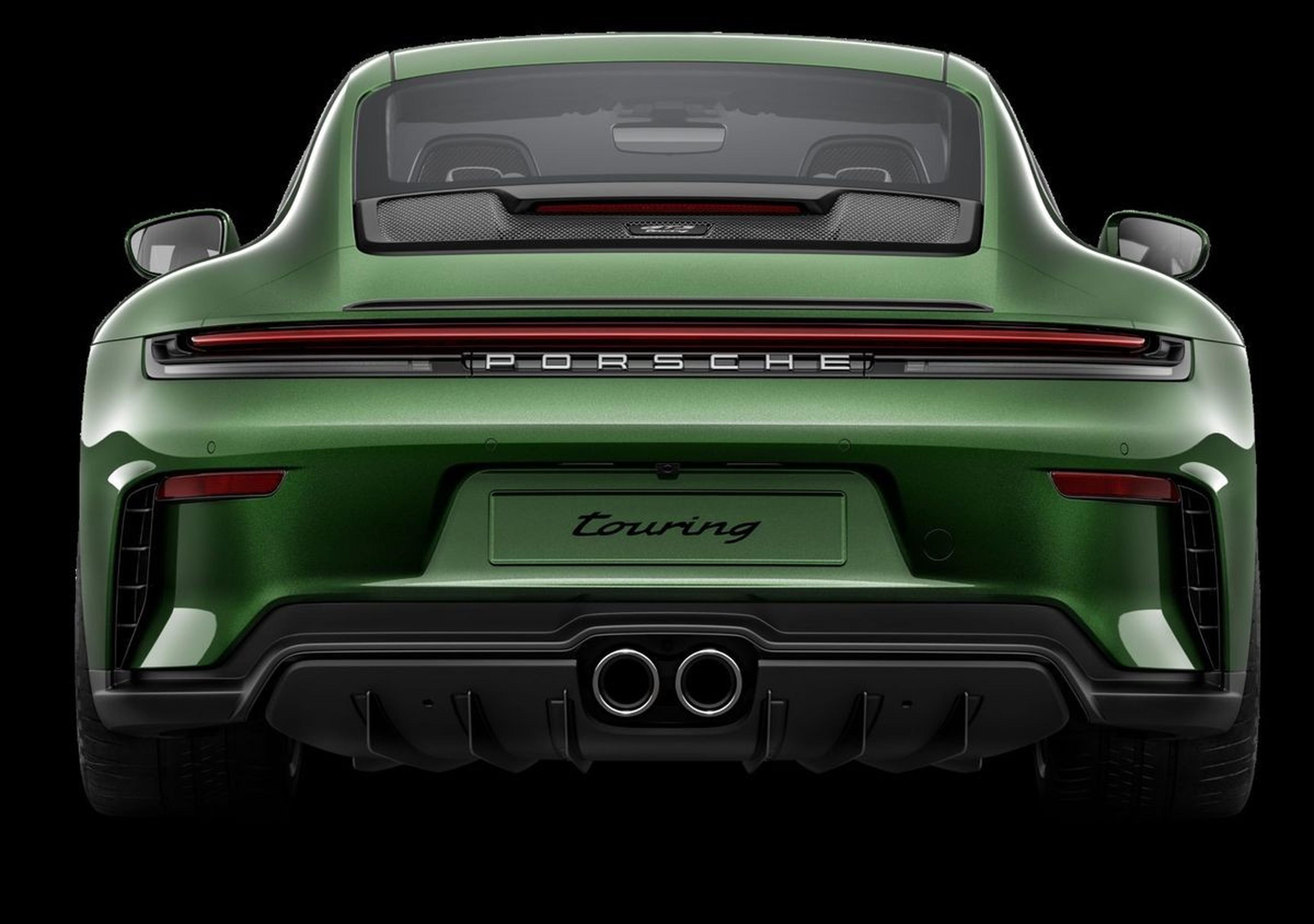 2026 Porsche 911 GT3 Touring rear view in green with retractable wing