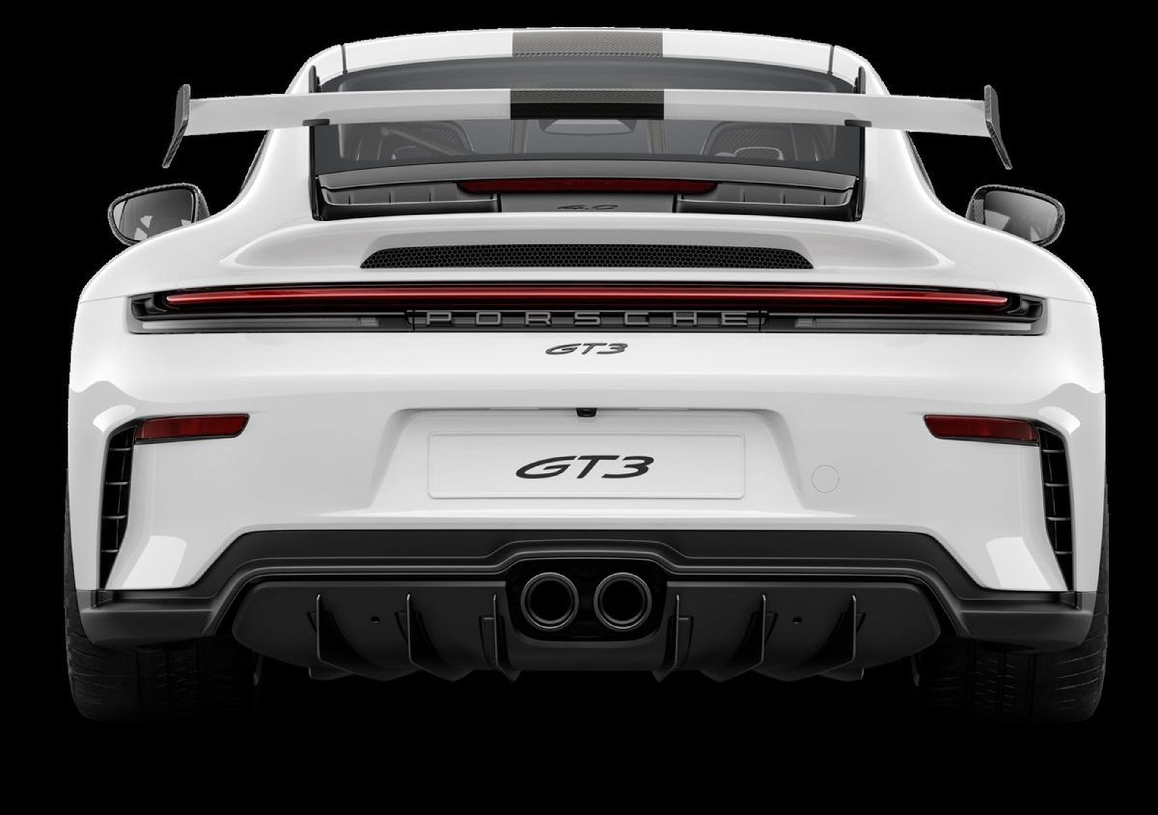 2026 Porsche 911 GT3 rear view in white with swan-neck wing