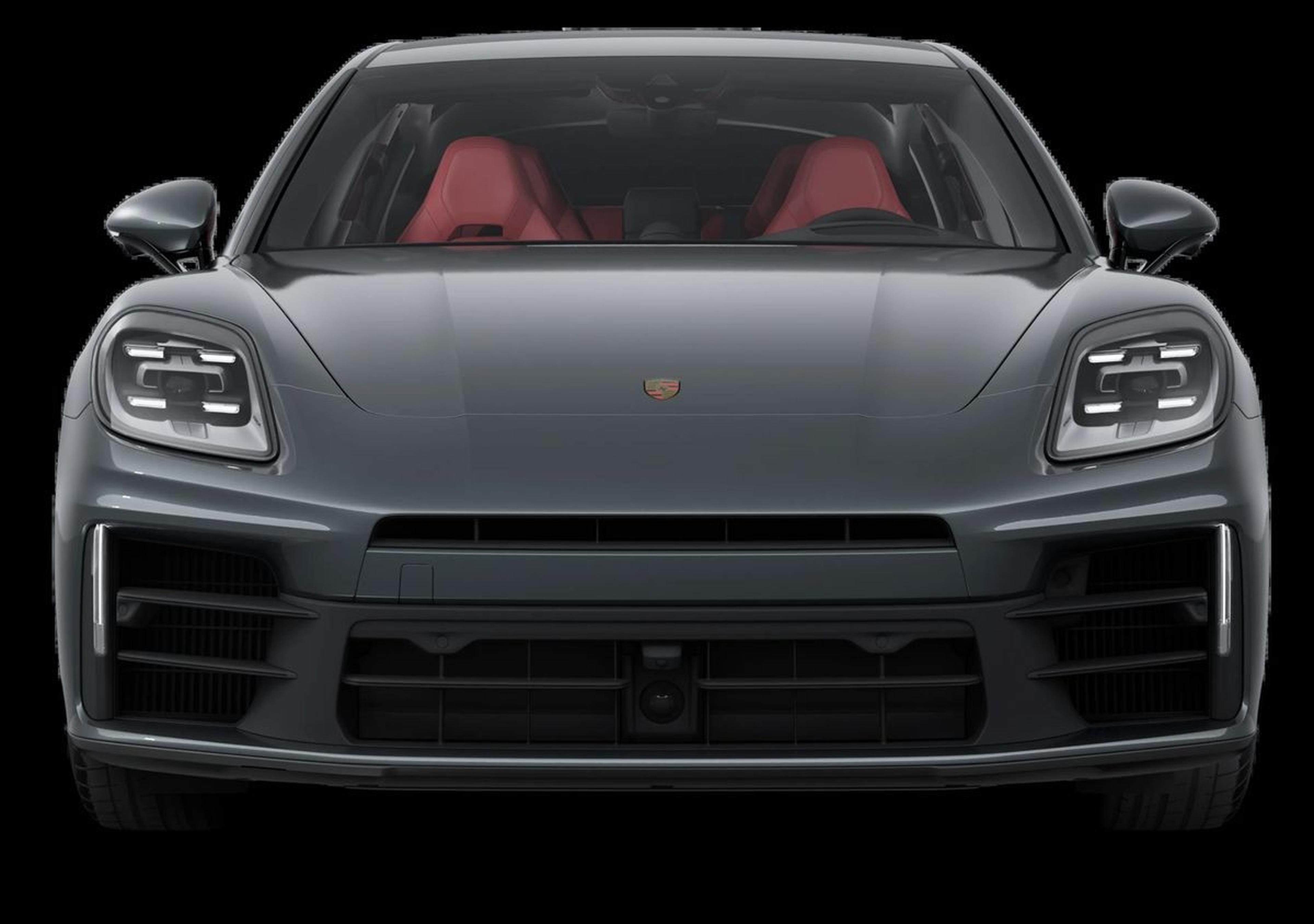 2026 Porsche Panamera front view with red leather interior visible through the windshield