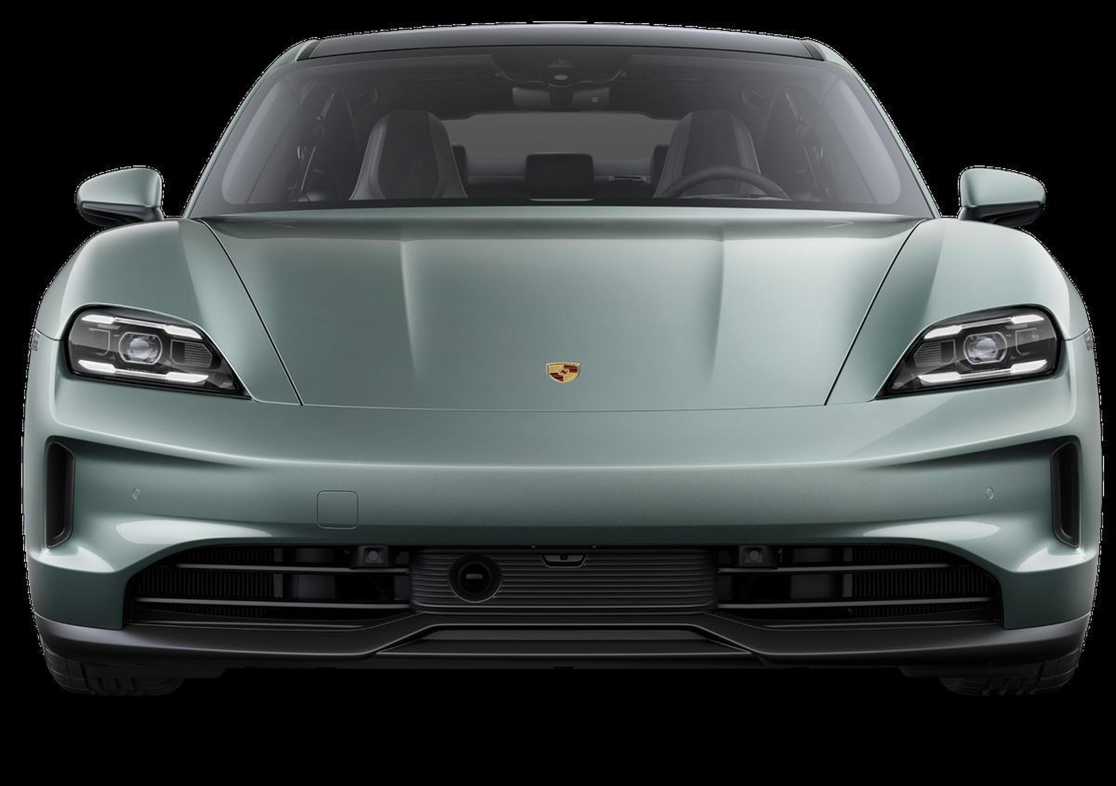 2026 Porsche Taycan front three-quarter studio shot in Shade Green