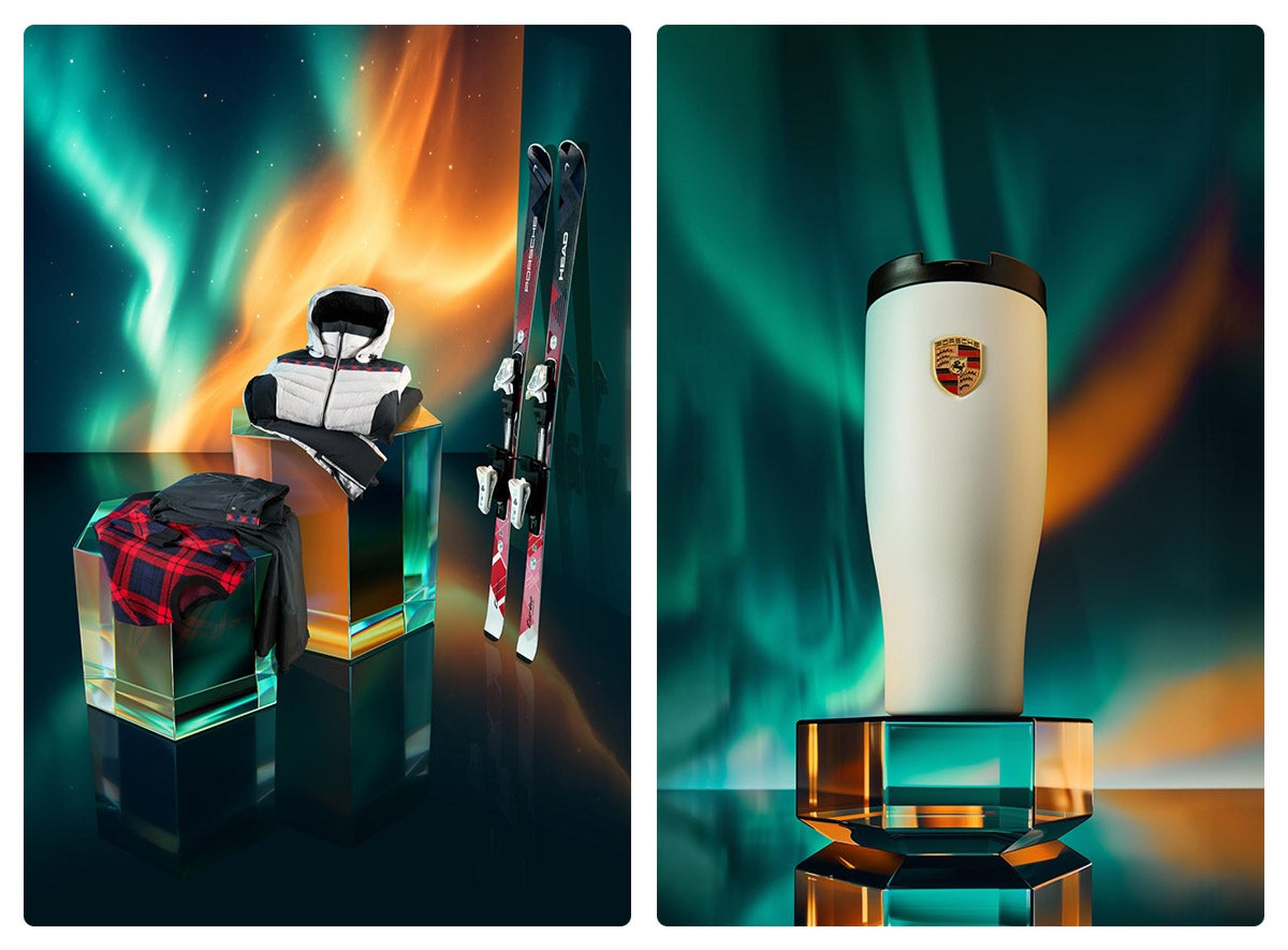 Porsche-branded bottle and gift items under green northern-lights lighting
