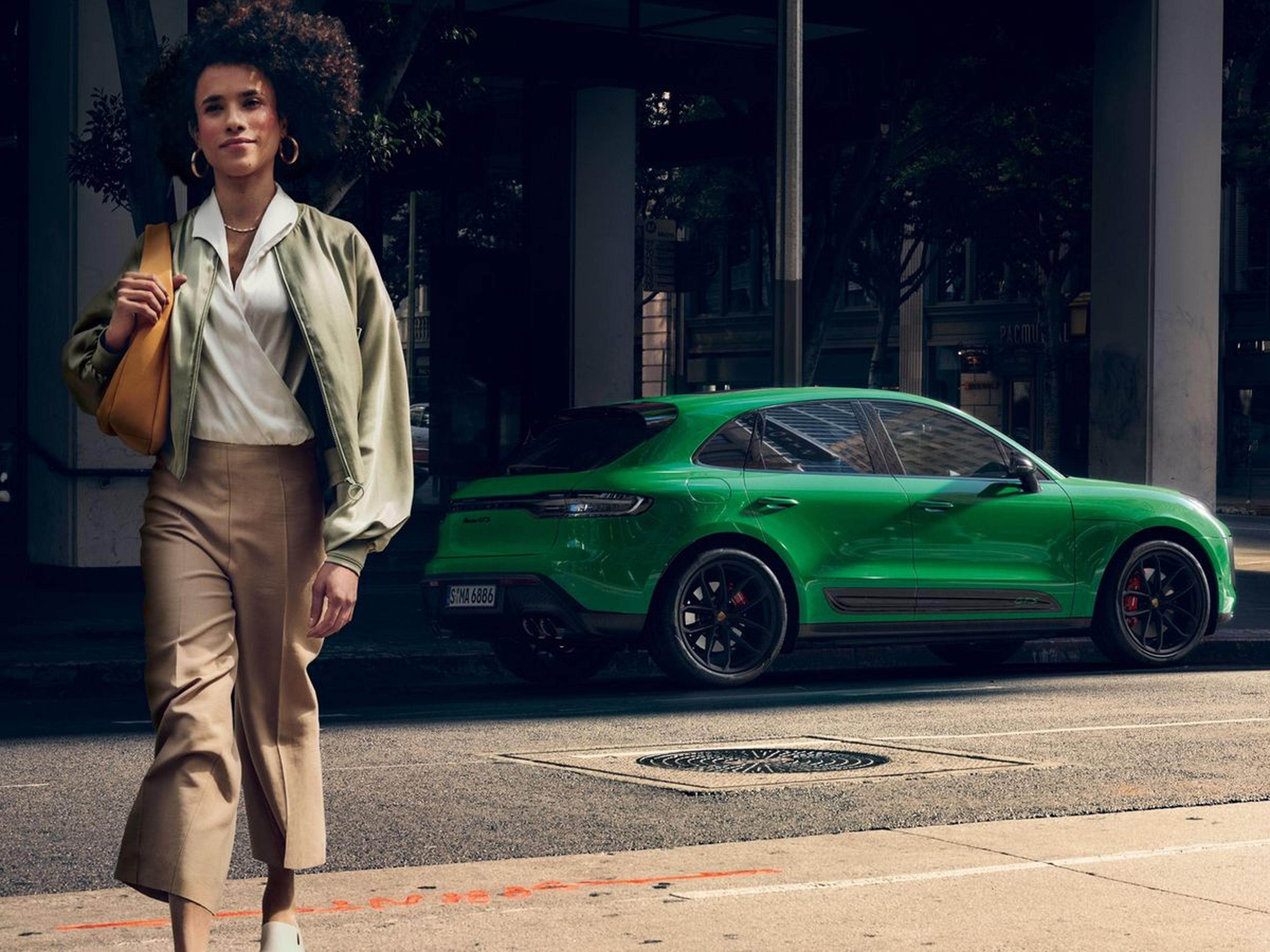 2026 Porsche Macan GTS in Python Green on a Manhattan-style street corner