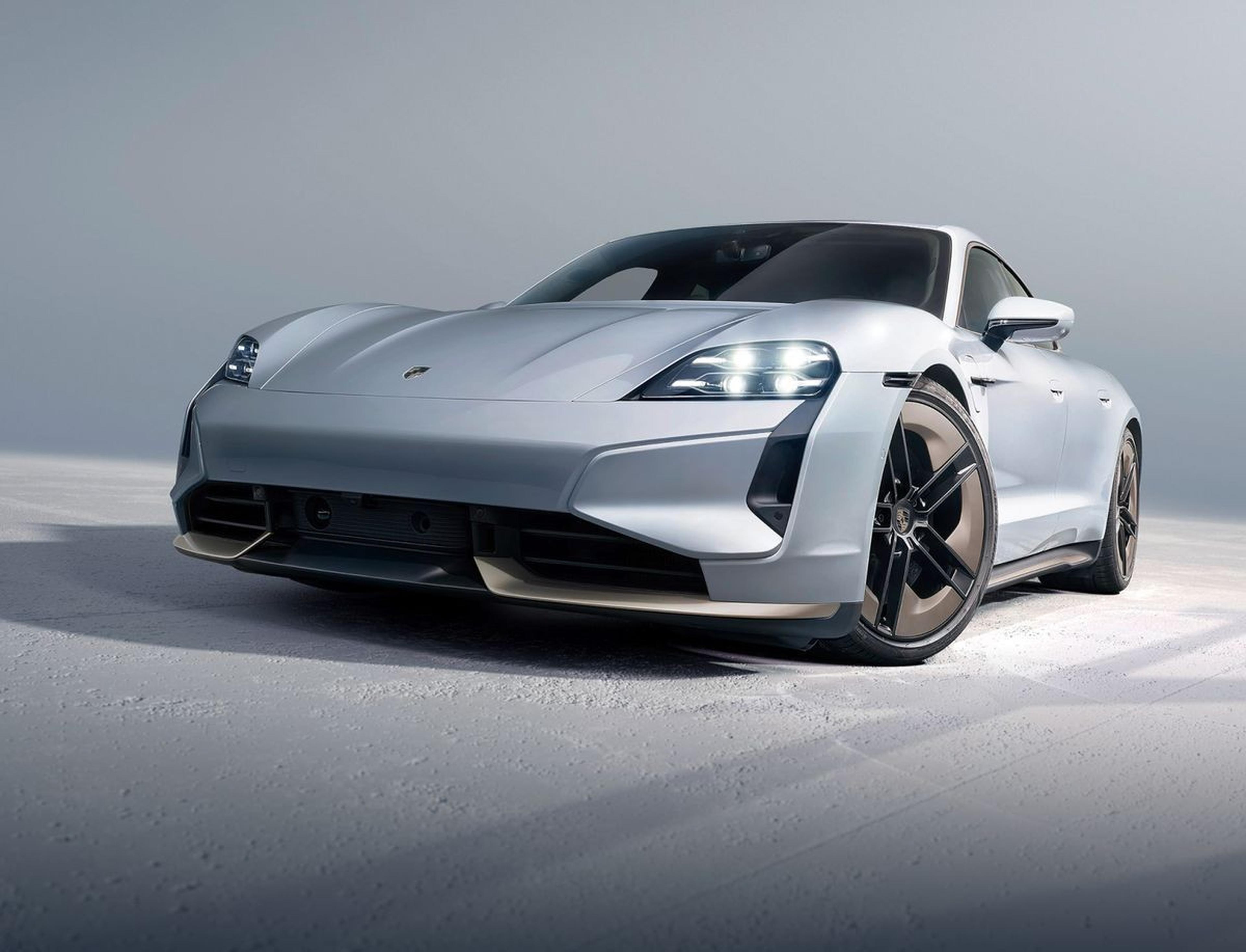 2026 Porsche Taycan Turbo S front three-quarter in Ice Grey