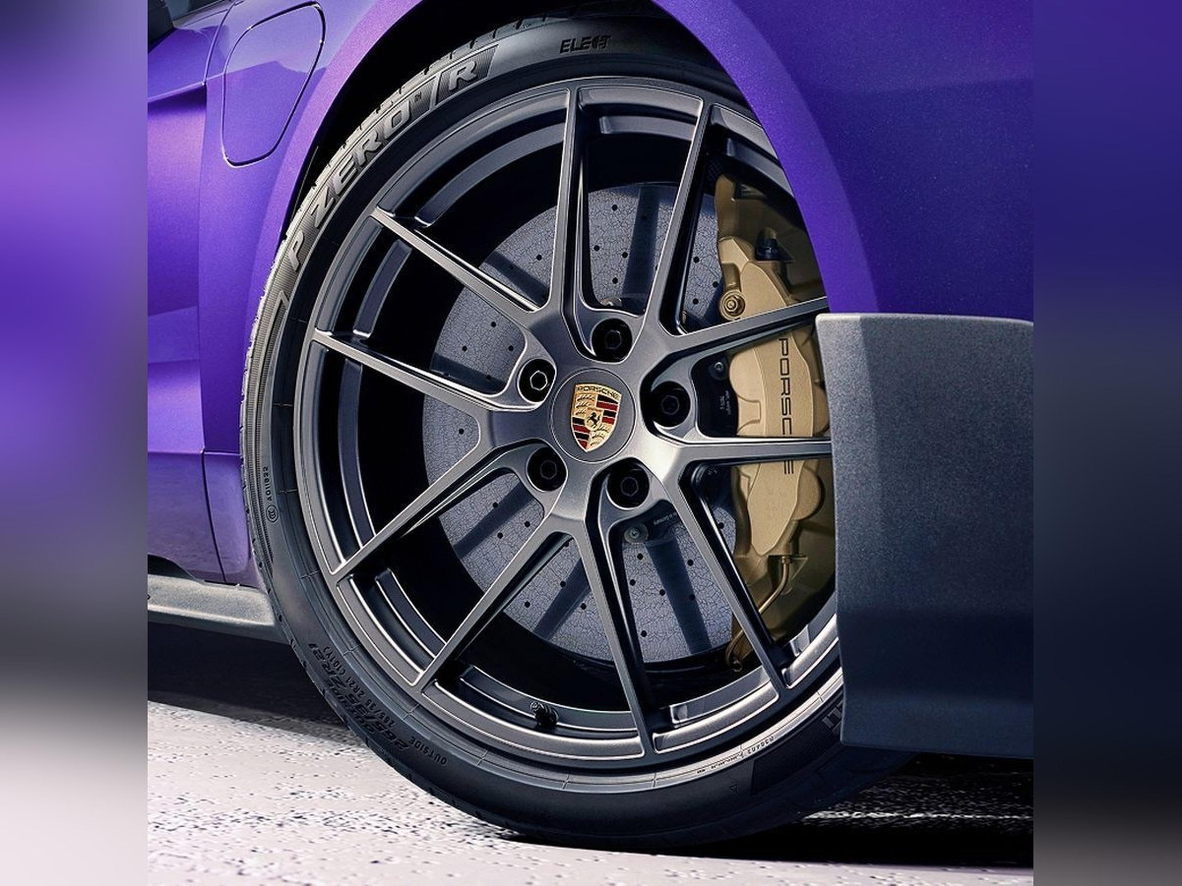 2026 Porsche Taycan Turbo GT Weissach Package forged wheel and Porsche Ceramic Composite Brake detail