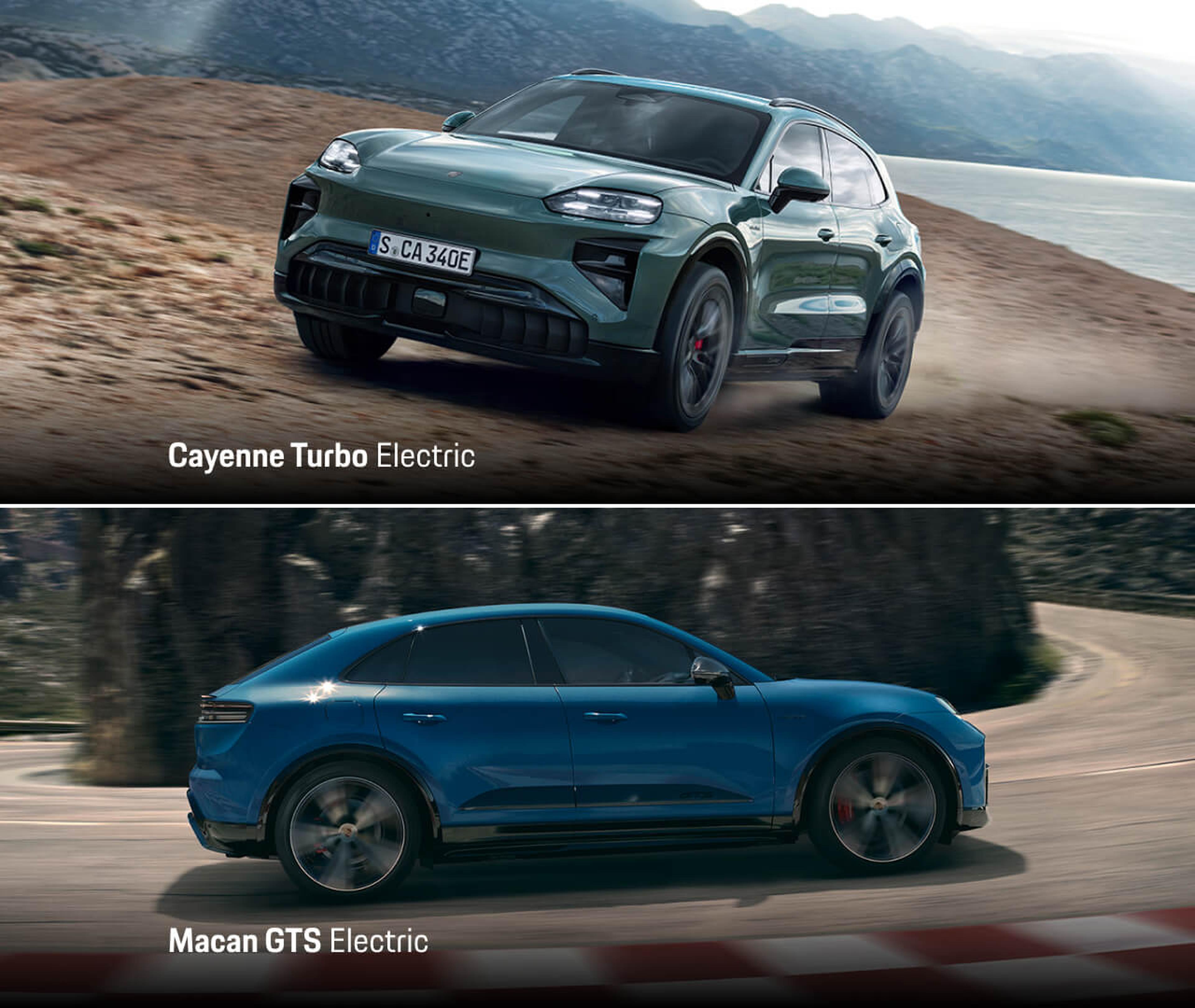 Cayenne Turbo Electric in Green Vs Macan GTS Electric in Blue