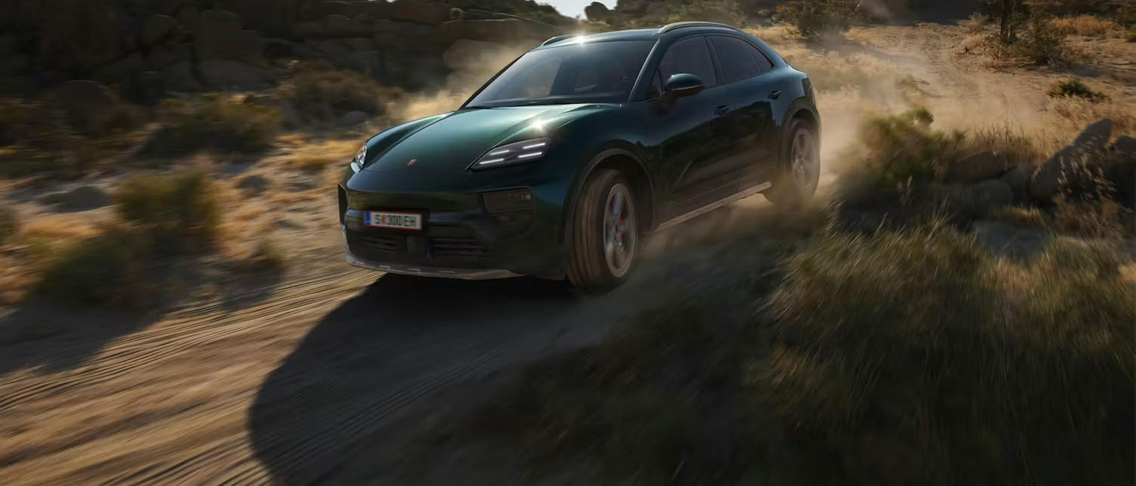 Grüner Porsche Macan auf fährt in einer Steppenwüste