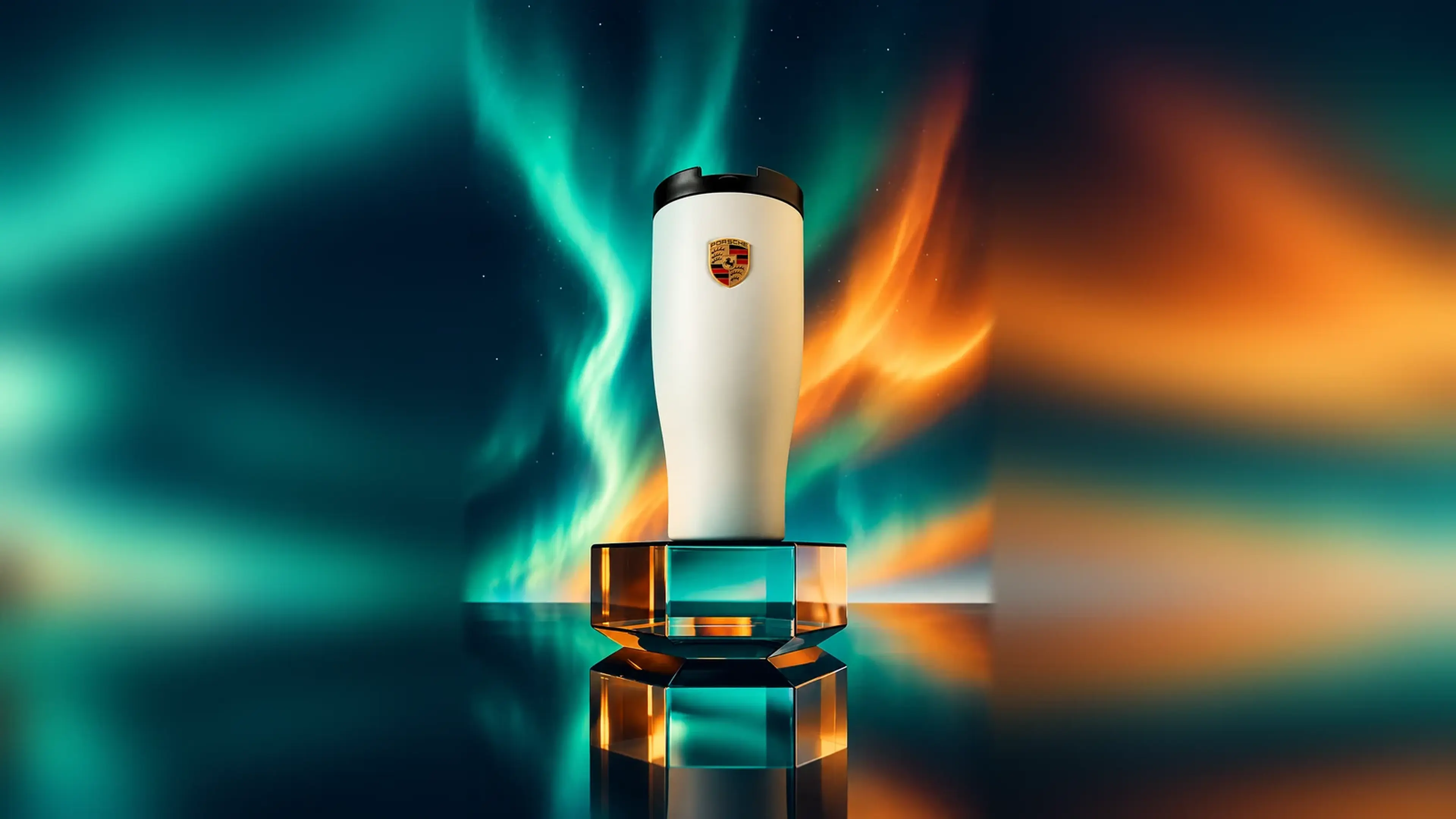 White Porsche crest thermal travel tumbler.