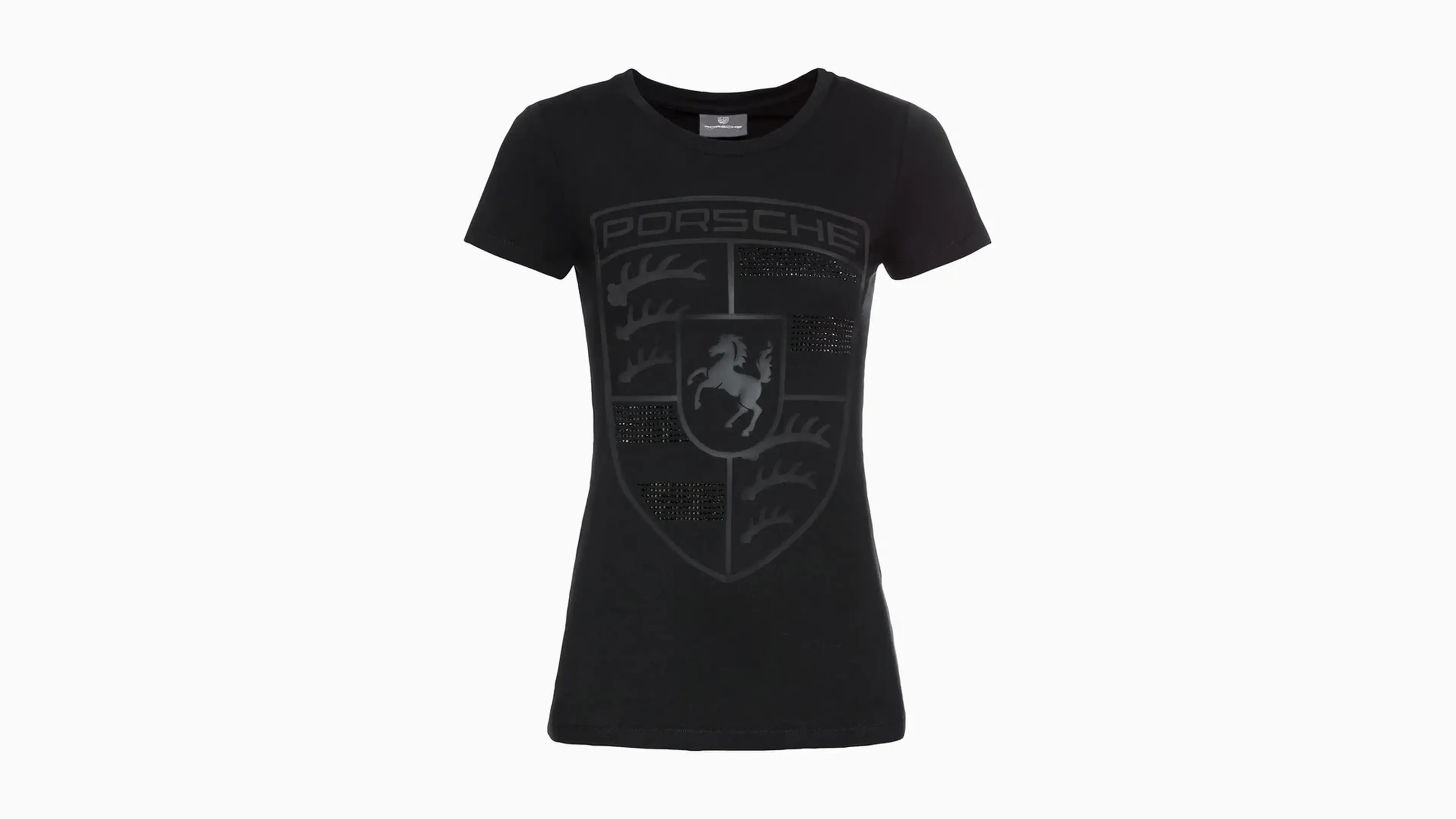 Black women's Porsche T-shirt with a tonal rhinestone crest