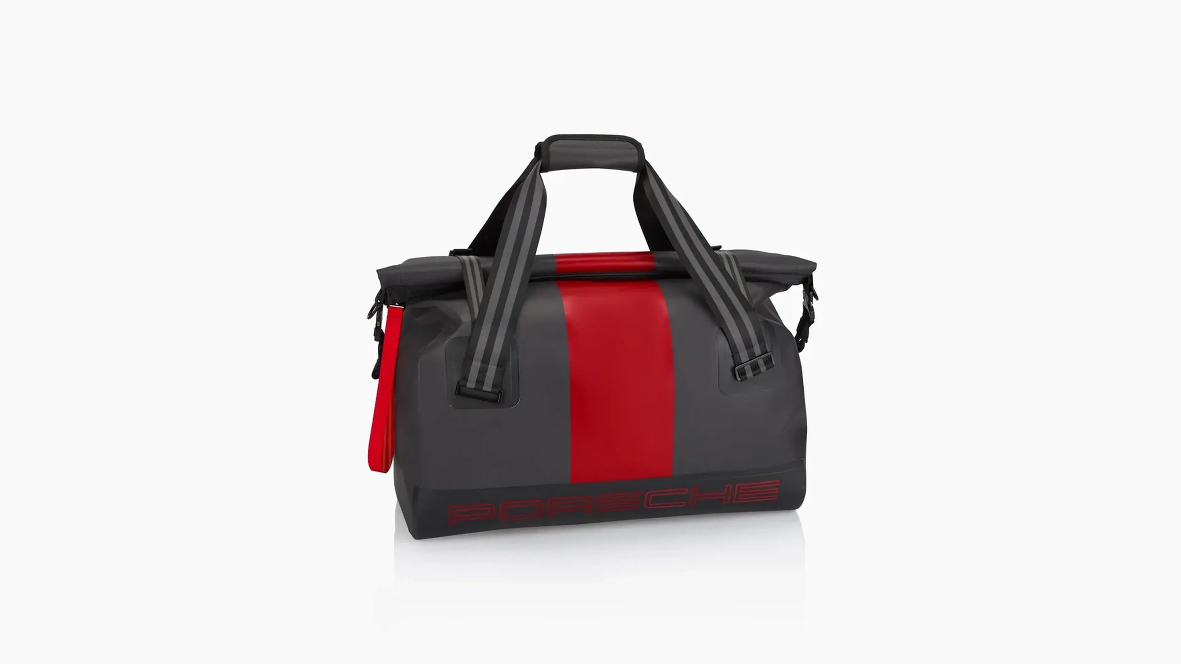 Black Porsche 911 GT3 S/C travel bag with a red center stripe