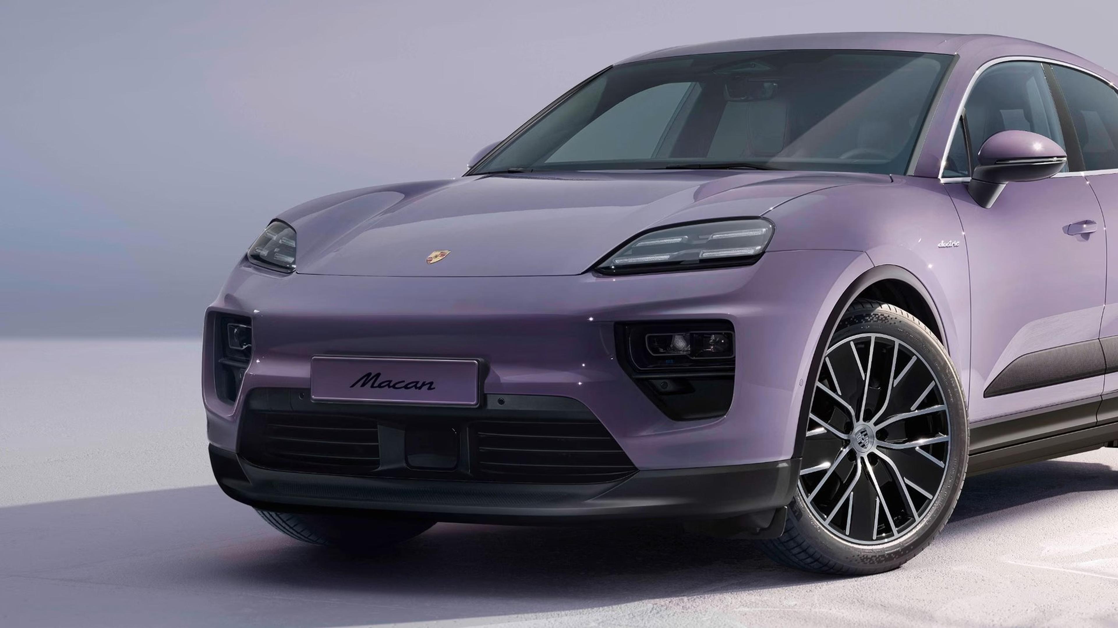 Purple Porsche Macan Electric shown from the front with large alloy wheels